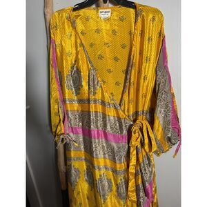 Darn Good Silk Wrap Maxi Dress Yellow Boho Indian Inspired Paisley Tie Waste
